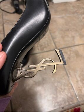 Yves Saint Laurent Black Leather Pumps with Gold Monogram Heel